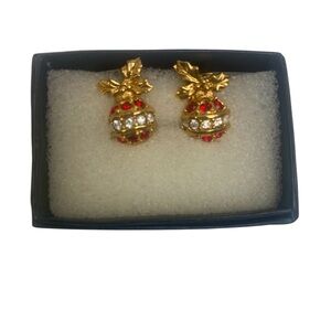 Signed Avon Clip On Earrings Red Rhinestone Ornament Christmas Holiday